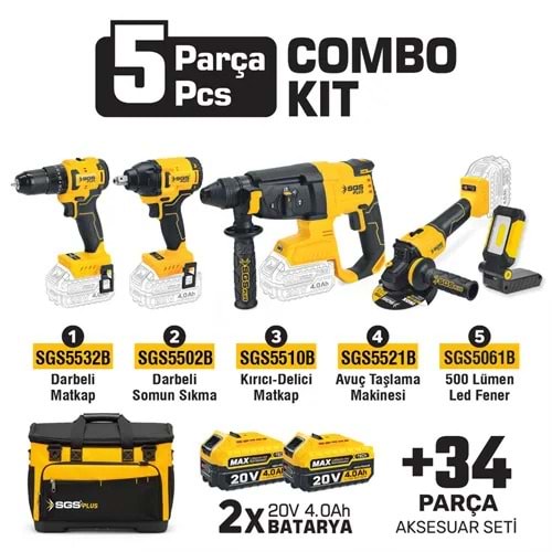 SGS5451 COMBO SET 5 PARÇA (DARBELİ MATKAP/KIRICI-DELİCİ MATKAP / AVUÇ TAŞLAMA MAKİNESİ / DARBELİ SOMUN SIKMA / LED FENER)